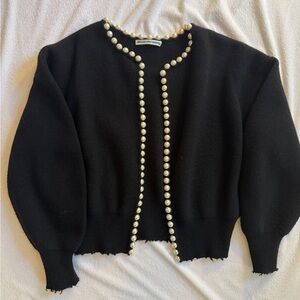 Alexander Wang Black Crewneck Cardigan with Pearl Trim